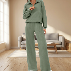 Ensemble Athleisure Femme Automne Uni 100% Coton Taille Haute Jambe Large Jogger Survêtement 2 Pièces Écologique Extensible dans les Quatre Sens - Product Image 1