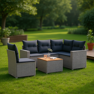 ชุดโซฟาหวายสวนทันสมัย 4 ที่นั่ง เฟอร์นิเจอร์กลางแจ้ง ทนทานต่อสภาพอากาศ ชุดเฟอร์นิเจอร์ลานบ้านหวาย ดีไซน์ร่วมสมัย สีเทา-น้ำตาล - Product Image 2