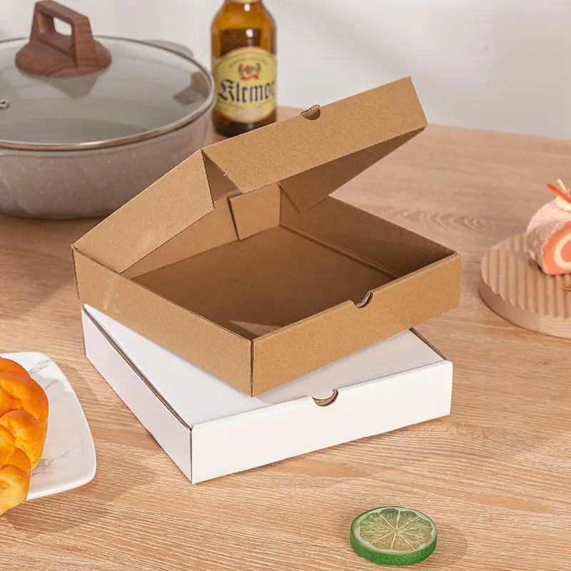 Kotak Pizza persegi panjang putih kustom dengan Logo kertas Kraft paket makanan UV Advantage Foil spesifikasi laminasi Matt untuk hadiah