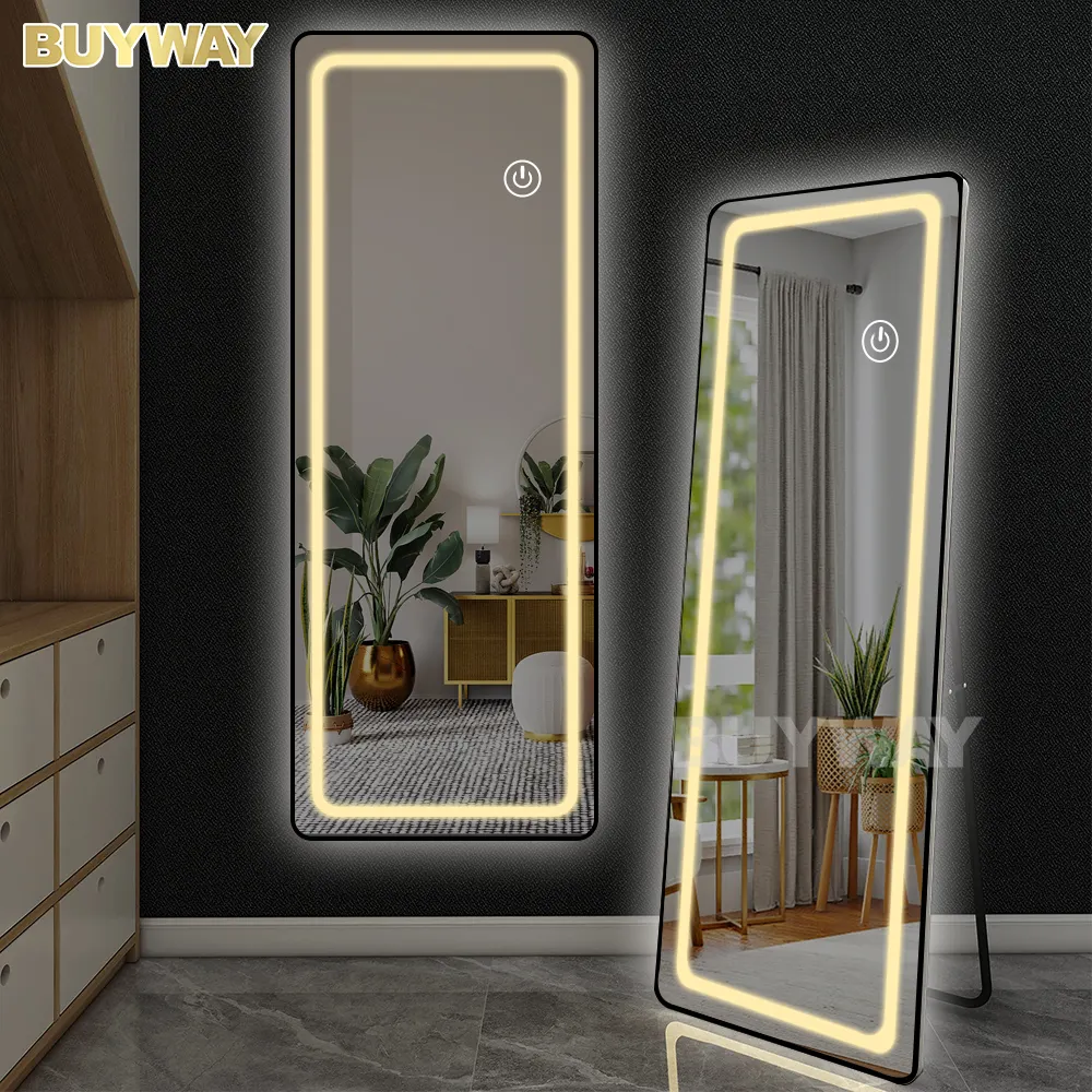 Custom Led Light Grote Gouden Mater Ingelijst Grote Hoge Volledige Lengte Miroir Spiegel Lange Lichaam Leunende Muur Vrijstaande Vloerspiegel