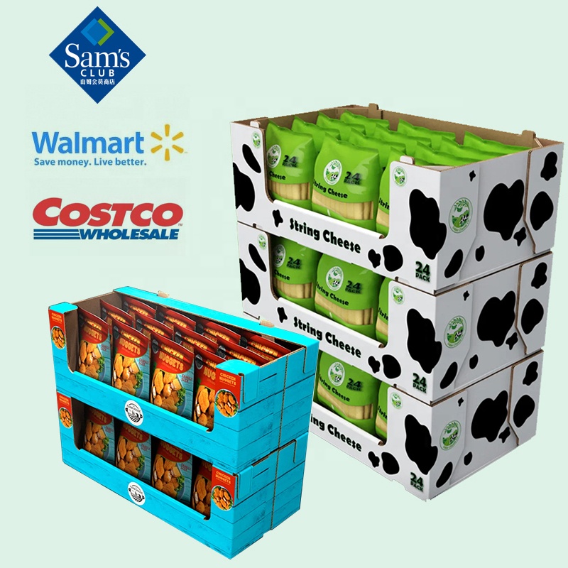 Holidaypac Custom Paper Boxes Cardboard Stackable Tray Display Box Candy Cookies Chips Snack Cardboard Pdq Display Box for Sams