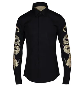 White Button Down Casual Fashion Luxury Blank Long Sleeve Embroidery Dragon Shirts For Mens