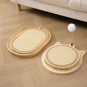 Grattoir à chat en bois, tapis en sisal ovale, durable, pour chatons, avec jouet à bille - Product Image 1