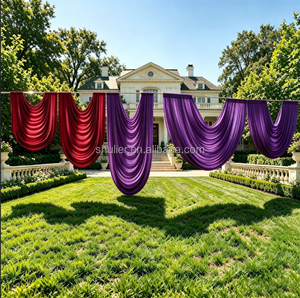 Guirlandes baroques préfabriquées avec poche pour tringle, rideaux drapés extensibles en spandex blanc ivoire moderne à volants, draperies de plafond bordeaux - Product Image 2
