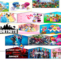 Bannières personnalisées sur divers thèmes de personnages de dessins animés, pour châteaux gonflables et promotions publicitaires en structures gonflables.