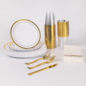 175 Pieces Disposable Lace Gold Dinnerware Plastic Party Charge Plates Set for 25 guests