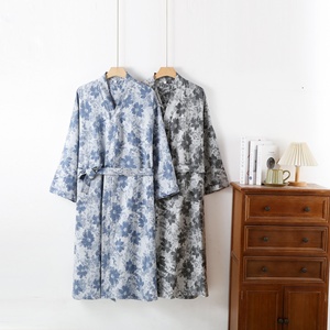 Nouvelle robe de nuit ample en pur coton teint en fil, à lacets, respirante, à motif floral, pour <span class=keywords><strong>homme</strong></span>, printemps-été-automne, mi-longue, 100 % coton - Product Image 1