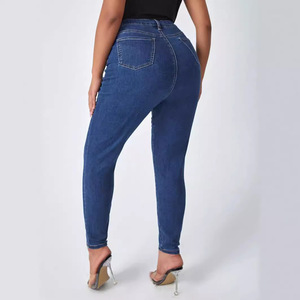 Plus Size Skinny <b>Jeans</b> Dark Blue High <b>Elasticity</b> Crouching Waist Street Fashionista Style Trousers Europe And America Sales - Product Image 2