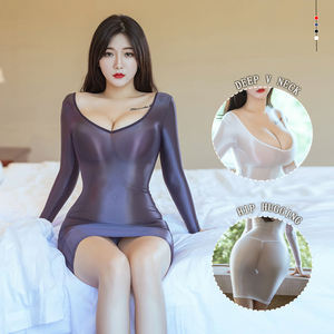 6184 ملابس داخلية مثيرة للنساء بتصميم عميق على شكل حرف U وأكمام طويلة شفافة من الحرير الناعم مع سروال داخلي للصيف - Product Image 4