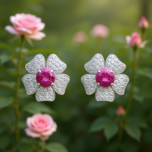 Orecchini a lobo a forma di fiore in argento 925 con pavé di strass in cristallo rosa per donna, da indossare tutti i giorni - Product Image 2