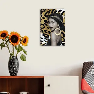 Moderne Mode Afrikaanse Thema Dame Portret Verfraaid Canvas Schilderij Kunst Met Grote Gouden Folie Muur Decor