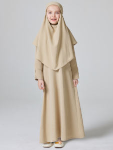 Modeatイスラム服キッズラマダン中東ドバイイスラム教徒の女の子2点セット無地ヒジャーブスカーフアバヤドレスセット - Product Image 2