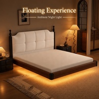 Lit flottant moderne de taille Queen, capitonné en velours, avec bande lumineuse LED chaude, cadre en bois de pin, ensemble de lit de luxe