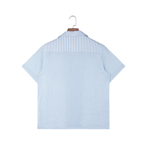 Camicie da uomo personalizzate casual in cotone seersucker a righe patchwork con bottoni, maniche corte, <span class=keywords><strong>colletto</strong></span> cubano, orlo <span class=keywords><strong>dritto</strong></span>, per il tempo libero - Product Image 2