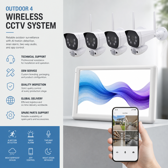 2K Wireless Security Camera System 10.1 Monitor 4 Outdoor Cameras Floodlight Alarm No Monthly Fee 64G SD Card Two-Way Audio