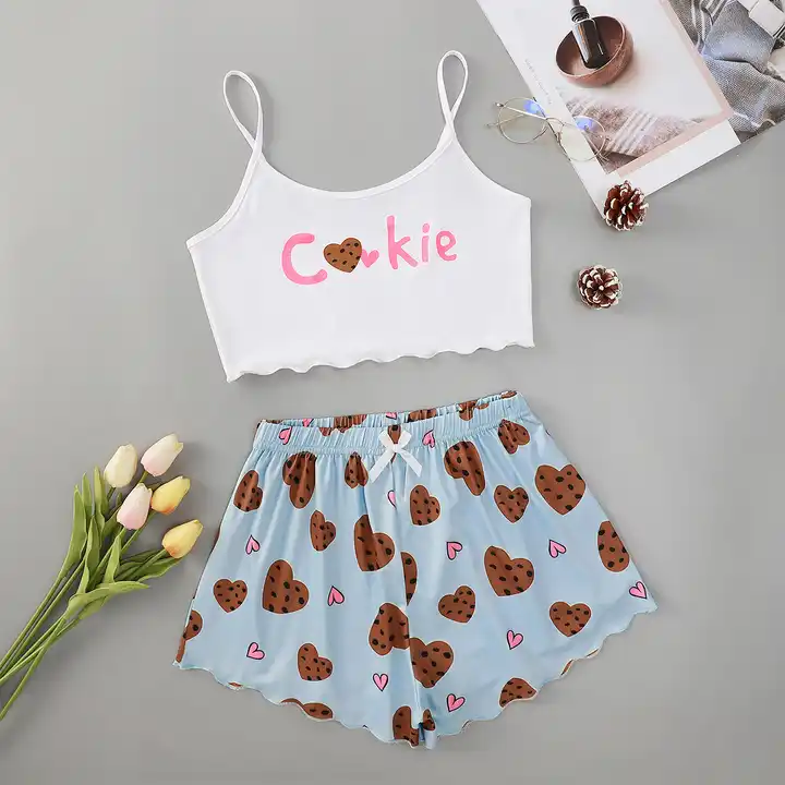 Disney-Pyjama imprimé dessin animé mignon pour femme, pyjama d'été