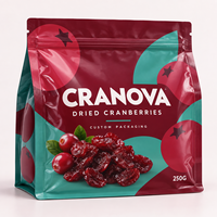 Sachet d'emballage personnalisé pour canneberges séchées avec fermeture éclair refermable, film haute barrière et étiquette privée pour l'emballage de fruits