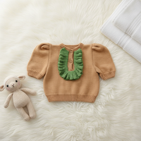 Pull en tricot unisexe pour bébé, vert contrastant, à volants, col en U, manches bouffantes, manches courtes, doublure en coton