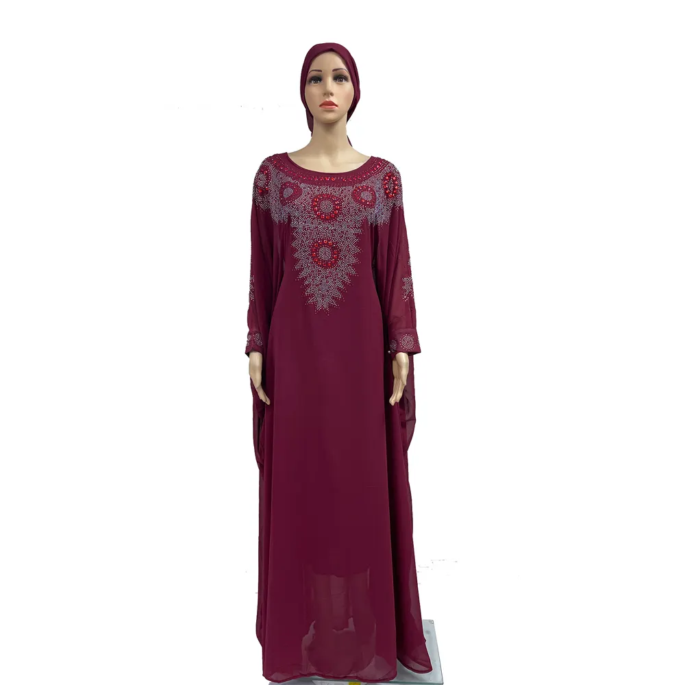 MC-1627 Chic stone chiffon long african abaya muslim 2 piece set women clothing dress robe de soiree with hijab