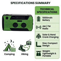 Radio con Manivela y Cargador USB, 5000mAh, Energía Solar, con Linterna LED de 1W para Supervivencia al Aire Libre