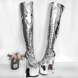 Handmade women's western silver chrome over-<b>knee</b> boots with <b>high</b> heels and thick soles, exotic style dance shoes - Product Image 5