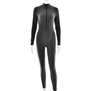 Women's Long Sleeve Zipper Bodysuit Solid Color Round Neck <b>Tight</b> Fit <b>Knitted</b> Polyester Jumpsuit Autumn Winter Wear - Product Image 1