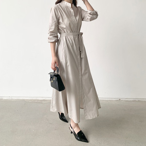Abito chemisier lungo da donna con collo alto e cintura, maniche lunghe, gonna a trapezio, tasche, casual ed elegante per primavera autunno e uso quotidiano - Product Image 3
