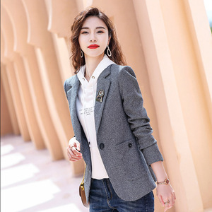 Houndstooth Blazer Women Grey Reddish Brown Lattice Polyester Fiber Anti Wrinkle Short Casual Spring Autumn Fit Petite Figures - Product Image 4