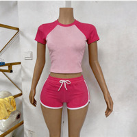 Vêtements tendance pour femmes 2026 – Ensemble décontracté 2 pièces color block avec haut raglan et short à cordon de serrage, logo personnalisé, coton élasthanne