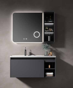 <span class=keywords><strong>MIRPLUS</strong></span> Meuble de salle de bain mural intelligent en bois massif, style moderne, avec miroir LED tactile éclairé, idéal pour hôtels - Product Image 4