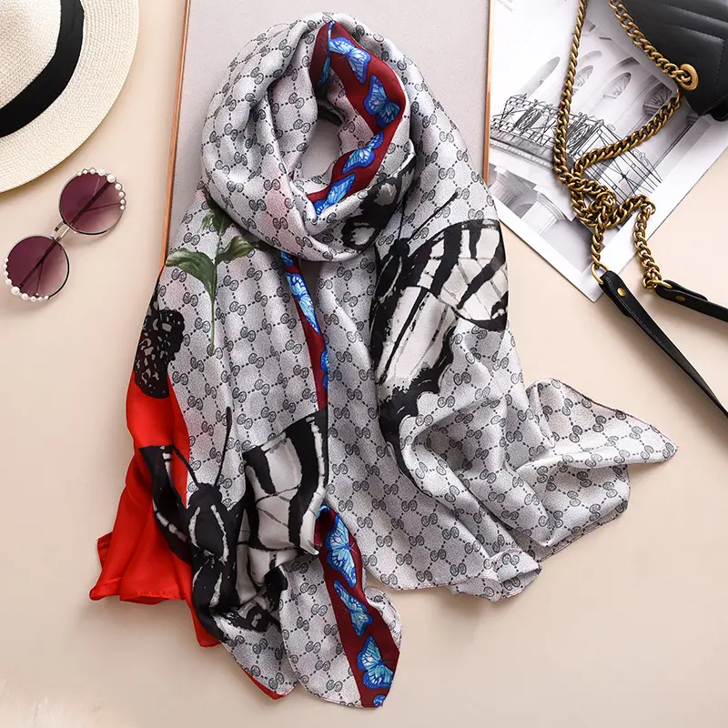 Оптовая продажа 2020 новейший шелковый шарф с принтом животных Модный популярный европейский и американский шарф с принтом бабочки Шелковый женский шарф
