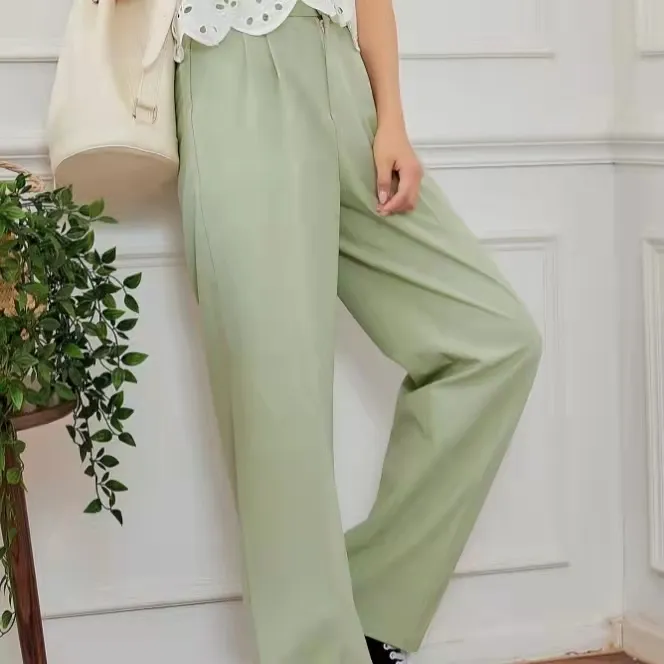 Women Casual Clothes Solid Non Stretch 100% Polyester Loose Trousers Full Length Plain Pleated Tailored Pants