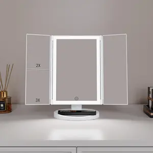 Foldable Lighted Portable Table Travel Magnifying Vanity Makeup Mirror With Led Lights Trifold Makeup Mirror