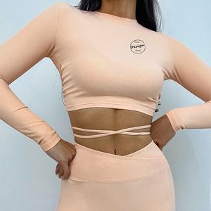 Top Customization Sexy stile attillato a coste in maglia di <span class=keywords><strong>cotone</strong></span> e Spandex Yoga Wear Slim Fit maglietta a maniche lunghe per le donne - Product Image 2