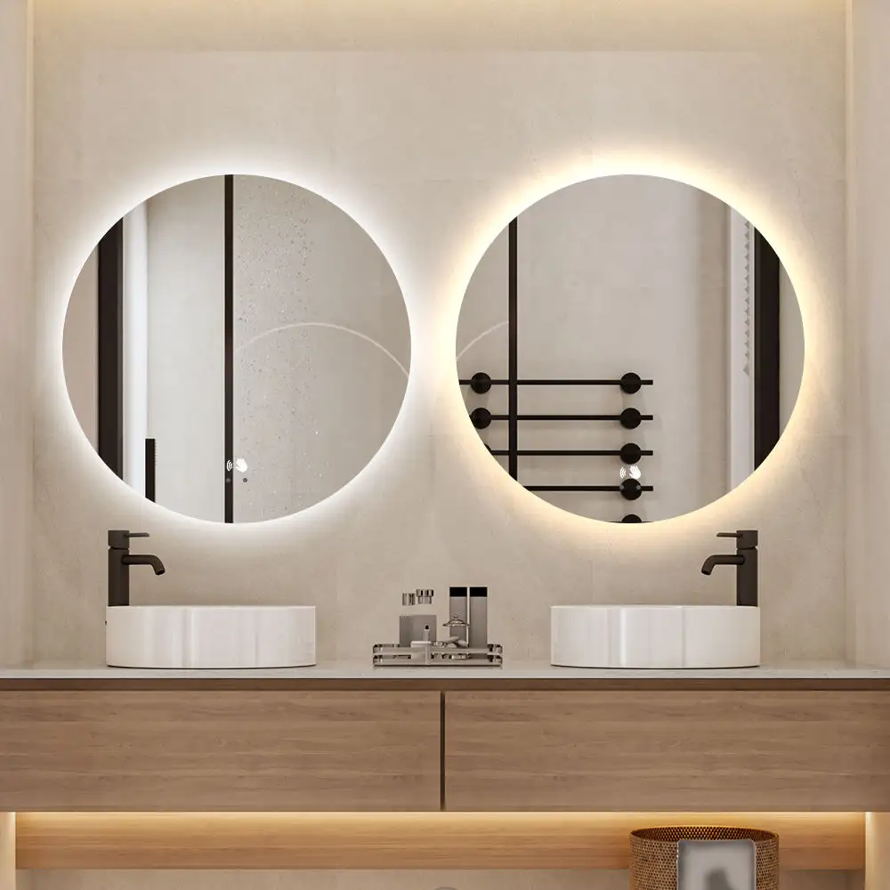 مرايا جدارية مستديرة مزودة بمظلل ضوء بدون إطار، مرآة رقمية، مرآة حمام بمصباح ليد