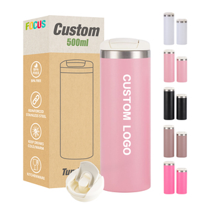 Botella de agua Rosa personalizada a prueba de fugas de 12oz, taza de viaje de acero inoxidable de 500ml, vaso de metal con estampado de logotipo OEM, café térmico recto - Product Image 1