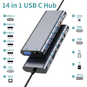Superspeed Nhôm 14-Trong-1 USB-C Multiport Hub Với Dual HDTV 4K VGA 1080P USB 3.2 3.0 2.0 Loại C SD TF RJ45 RJ45 Mic Âm Thanh 100W Pd - Product Image 2