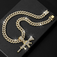 Pendentif pistolet hip-hop avec chaîne diamantée de 15 mm, collier pour homme, pendentif glacé, bijoux bling-bling