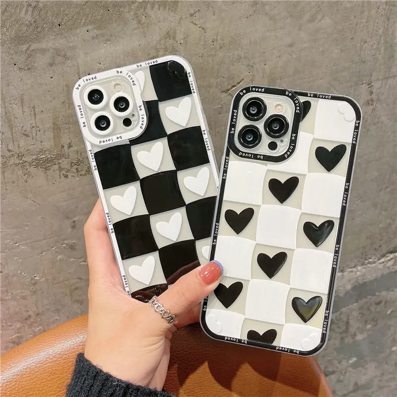 Ins Fashion Checkerboard Heart Phone Case For iPhone 11 12 13 14 Mini case Pro X XS Max XR 7 8 Plus SE Case Cover Soft Silicone