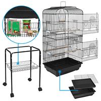 Volière multi-niveaux verrouillable pour oiseaux, avec toit incurvé, support métallique à roulettes, étagère de rangement, plateau amovible coulissant, design simple pour