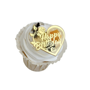 MOYI Vente en gros Décoration de gâteau Joyeux Anniversaire en acrylique doré miroir, motif cœur et fleur, pour cupcakes et décorations de fête d'anniversaire - Product Image 2
