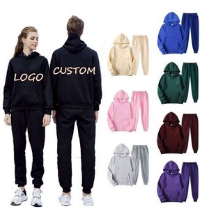 Ensemble de survêtement en coton pour homme, personnalisable, uni, avec sweat à capuche et pantalon de jogging, pour le sport et le fitness, décontracté, en molleton, deux pièces - Product Image 1