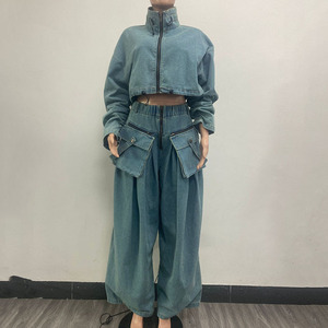 Women Plus Size Light Wash Denim Two Piece Set Cropped Zip Up Jacket High Waist Cargo Wide Leg Pants Streetwear - Product Image 4