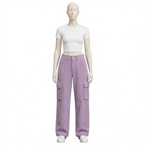 Pantalon cargo tendance pour femme, taille haute, en velours côtelé, coupe large, multi-poches, style streetwear, ample, vintage Y2K, violet - Product Image 1