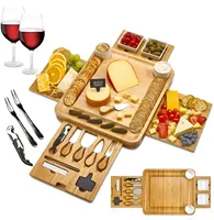 Bambu peynir tabağı çatal bıçak kaşık seti 2 seramik kase 2 servis tabakları, meyve tahtası seti şarap, brie ve et