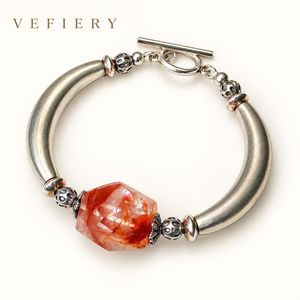 925 Sterling <b>Silver</b> Half Bangle <b>Bracelet</b> with Red Inclusion Quartz Centerpiece - Product Image 1
