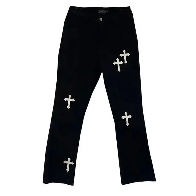 Özel sokak moda marka baskılı çapraz kot rahat retro kot tulum gotik nakış düz pantolon