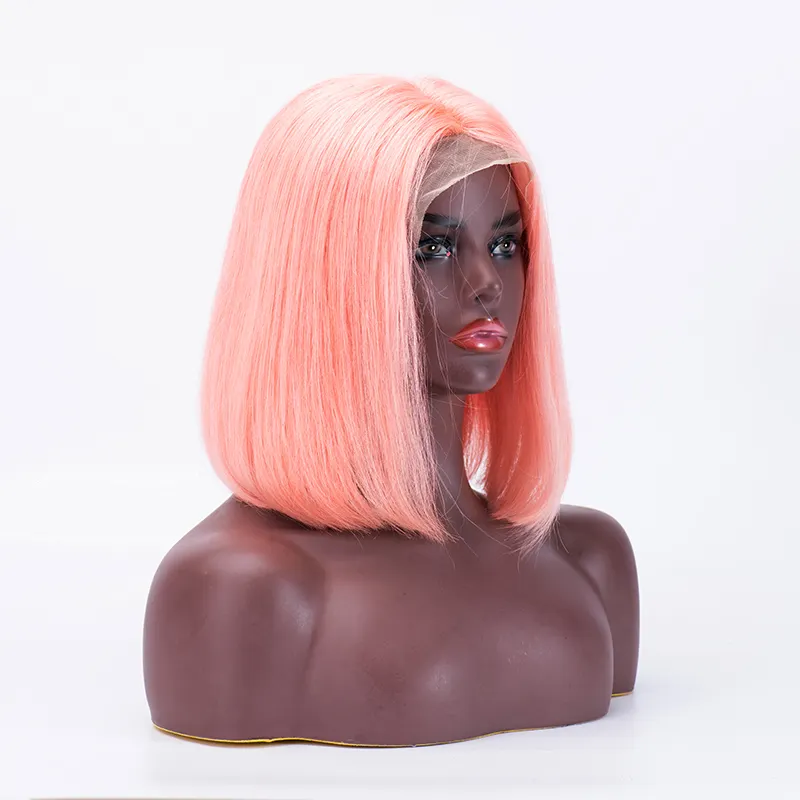 Wholesale 100% virgin remy human hair middle part frontal short cut pink color T lace front human hair bob wigs