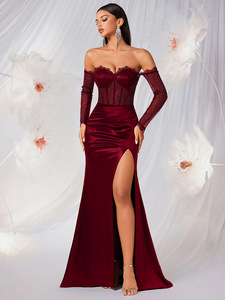 Vestido de noche sirena verde oliva con hombros descubiertos, corsé de encaje, manga larga, abertura alta, satén, formal, para invitadas de boda, graduación, maxi vestido - Product Image 3