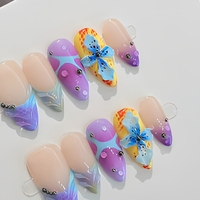 Faux ongles à presser en amande faits à la main A758, motif papillon 3D et fleur, couverture complète pour application sur les doigts